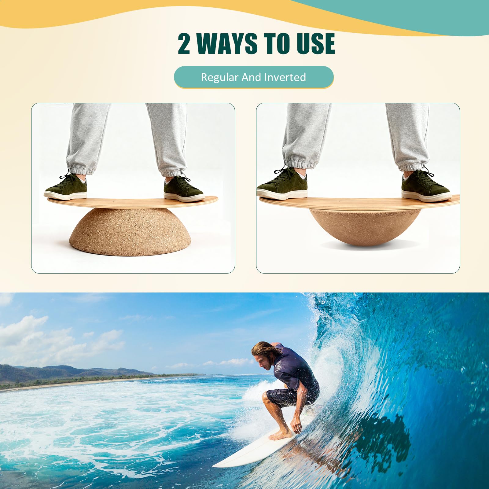 Balance Board Professionale in Legno, Yoga Balance Ball 30 x 10 cm fino a 200 kg mezza palla da ginnastica fitness forza del nucleo, stabilità, tavole