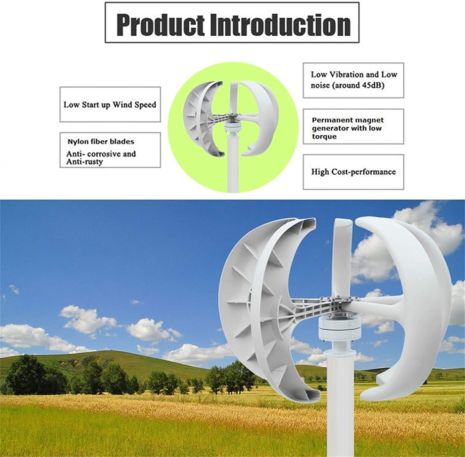 Type de Lanterne 300W Essieux verticaux à 5 pales Petites éoliennes domestiques à Utiliser utdr, générateur d'alimentation 12V Petites éoliennes domestiques à Utiliser utdr et Jardin, 24V (12V)