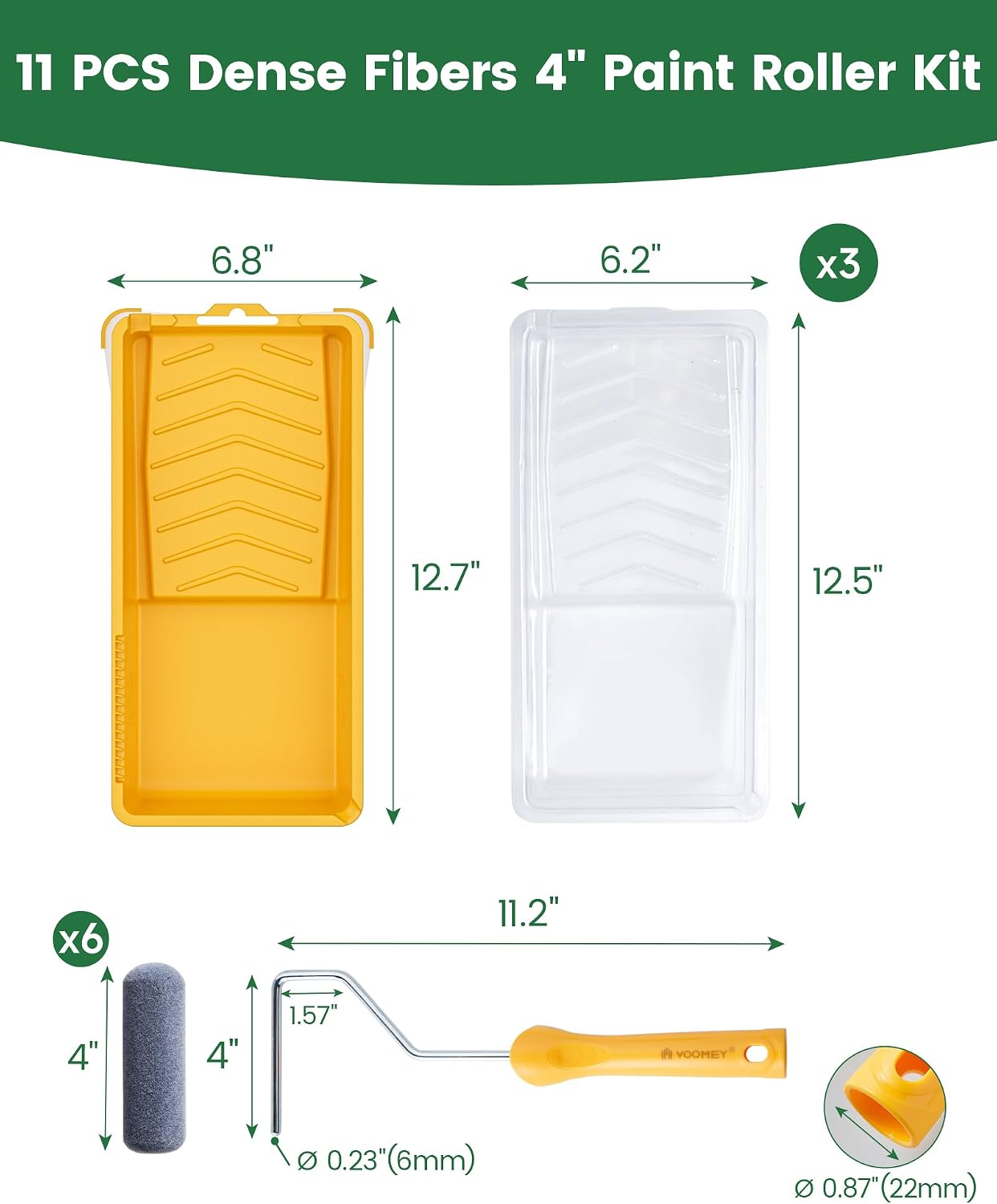 Voomey Foam Paint Roller, 4 Inch Mini Flock Foam Cover Kit | Small Paint Rollers with Tray and Roller Frame for Doors, Trims & Cupboards