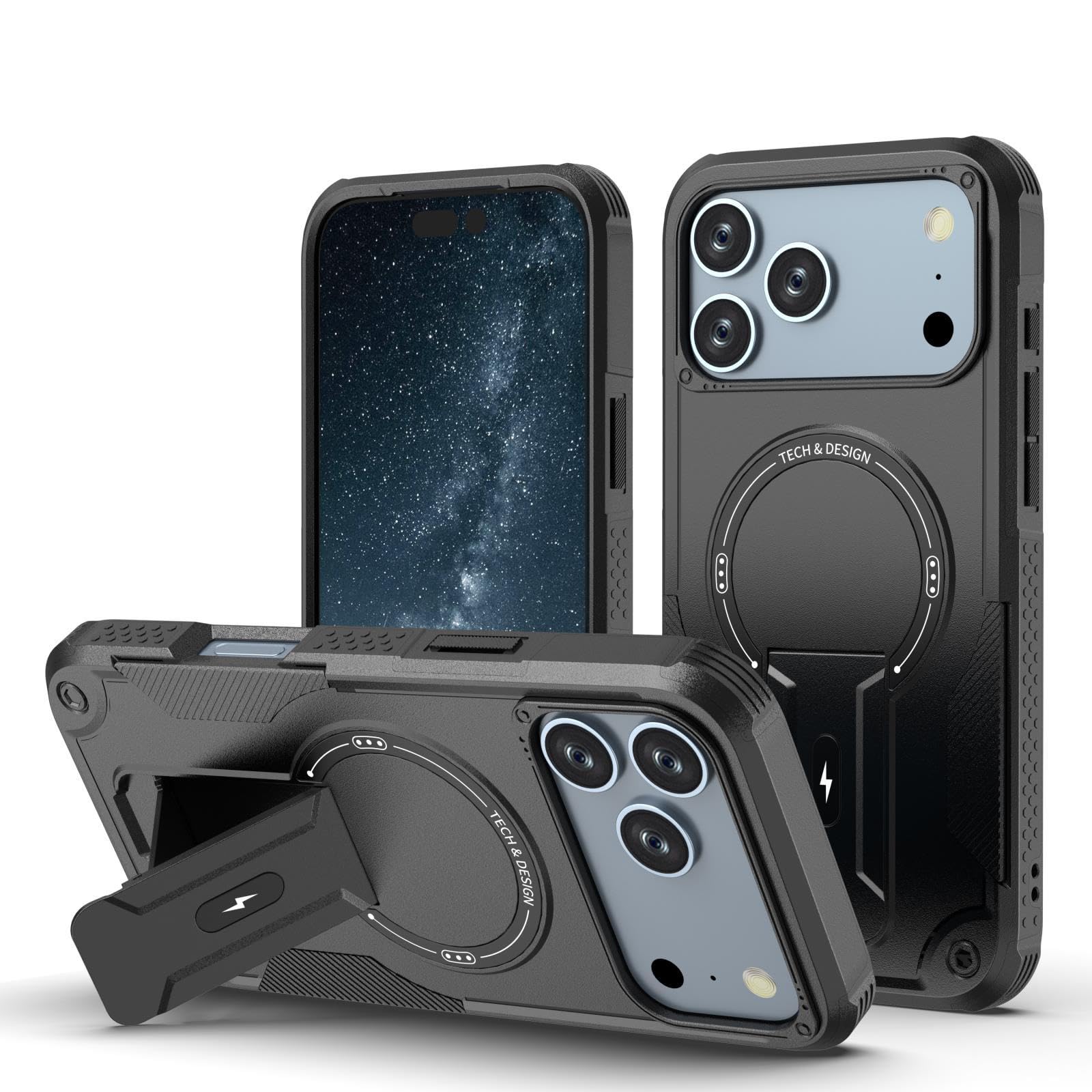 Magnetisch Hülle für iPhone 17 Pro Max/17 Pro/17 Air/17, Dünne Gefrostet rutschfeste Schutzhülle mit Versteck Ständer Handyhülle,Schwarz,17 Pro