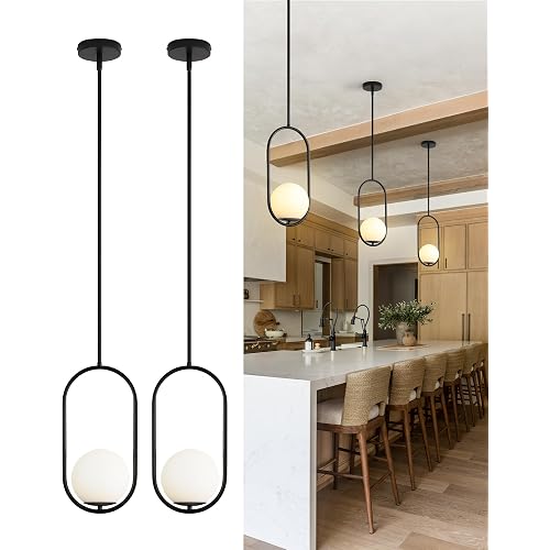 Yunnix Pendant Lights Kitchen Island, Pendant Light Fixtures, 2 Pack Modern Black Globe Glass Pendant Lighting, Mid Century Chandelier One Light for Bathroom Bedroom Dining Room