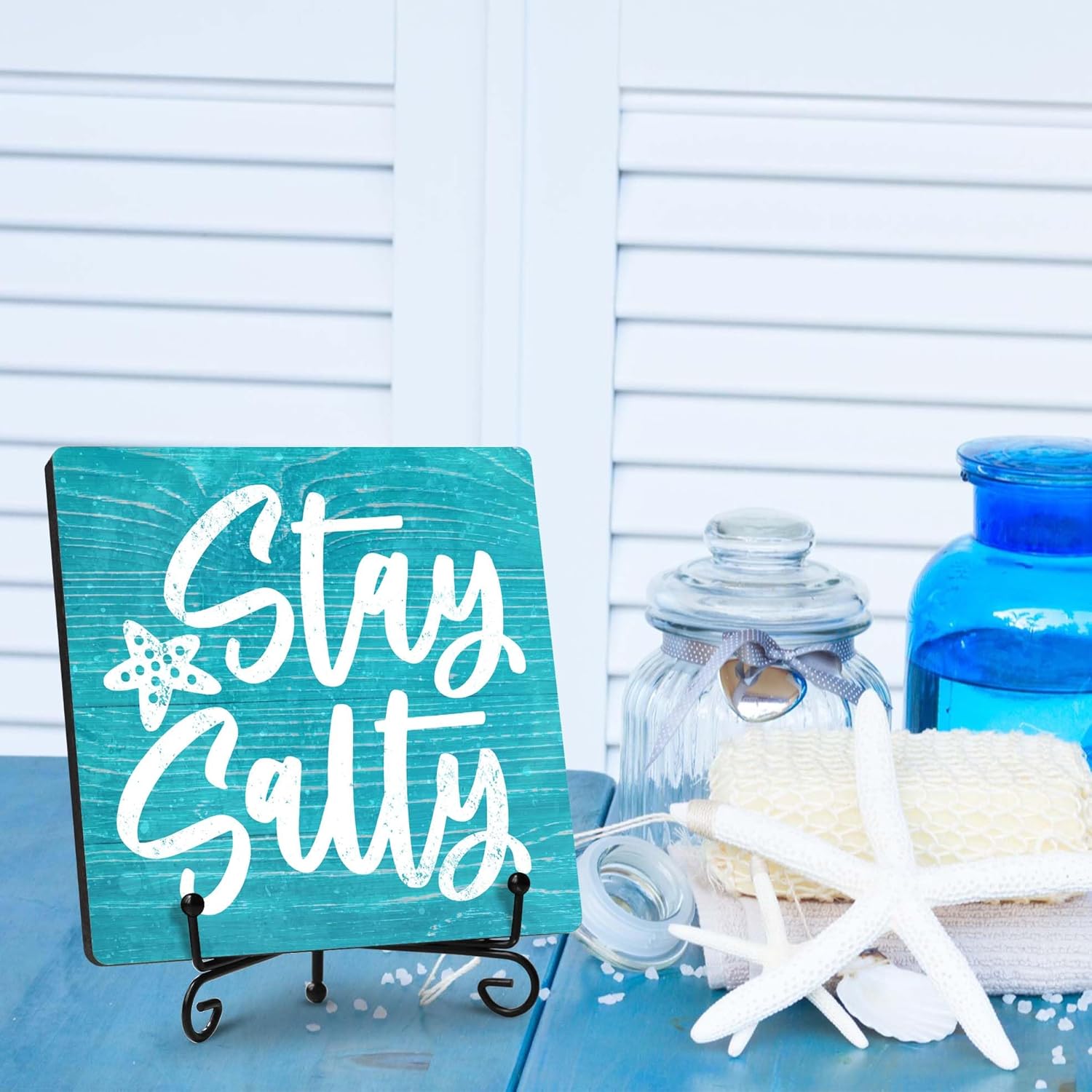 Stay Salty Wooden Sign with Iron Stand - Nautical Coastal Decor for Beach House, Lake Cabin & Boat - Funny Ocean Quote Tabletop Plaque - Rustic Marine Themed Home Accessory. (064) - Image 4