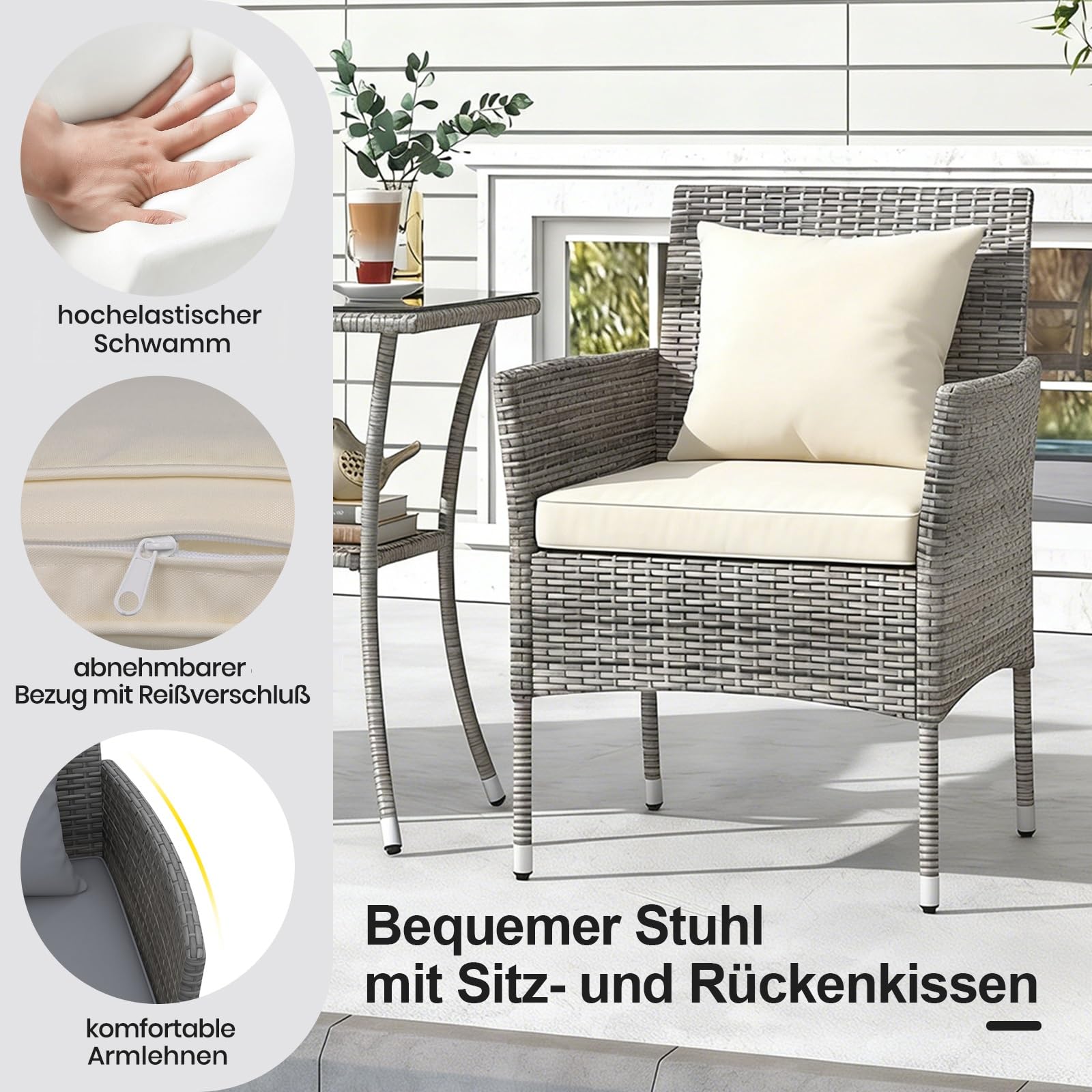 GIANTEX Set Mobili da Balcone 3 Pezzi, Tavolo e 2 Sedie in Rattan con Cuscini