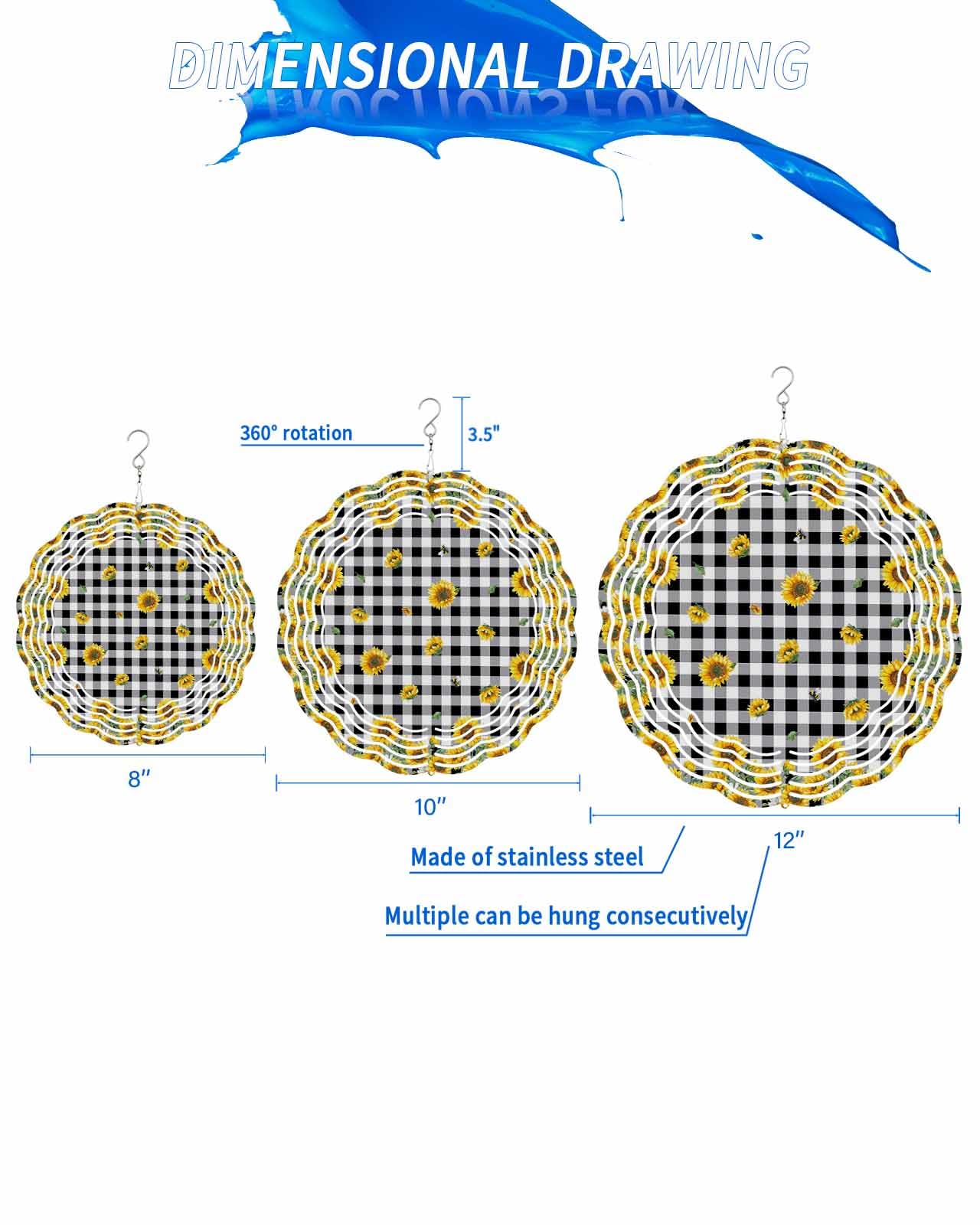 Plants Wind Spinners, Falling Sunflowers Black Buffalo Plaid Hanging Wind Spinners for Yard and Garden 3D Stainless Steel Metal Sculptures Crafts Ornaments 8 Inch