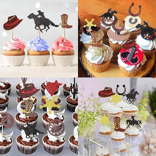 Miniatura 3 de 60 adornos de vaquero para cupcakes de 10 formas con purpurina para zapatos de caballo de vaquero, botas para cupcakes para temática occidental,