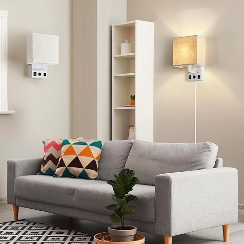 Miniatura 4 de CADUKE Lámpara de pared con cable de enchufe, juego de 2 lámparas de pared con puertos de carga USB y toma de corriente alterna, aplique de pared