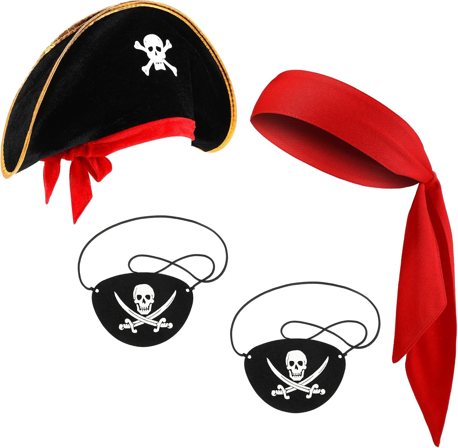 Tarpop 4 Pcs Pirate Costume Outfit Supplies Included 2 Captain Eye Patch Black Felt Red Pirate Head Bandana Skull Captain Hat