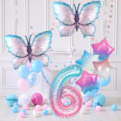 Miniatura 5 de 7 globos de mariposa rosa degradado, globos gigantes de papel de aluminio de mariposa colorida para decoraciones de cumpleaños de 6 años,