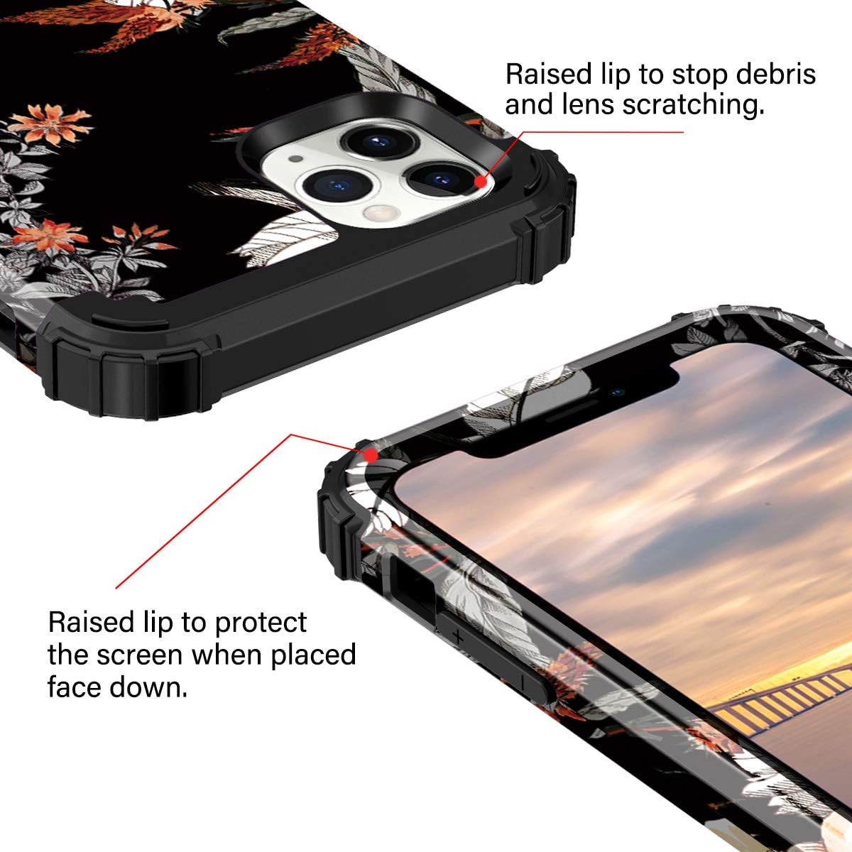Casetego Compatible iPhone 11 Pro Max Case,Floral Three Layer Heavy Duty Sturdy Shockproof Full Body Protective Cover Case for Apple iPhone 11 Pro Max 6.5 inch,Orange Flower