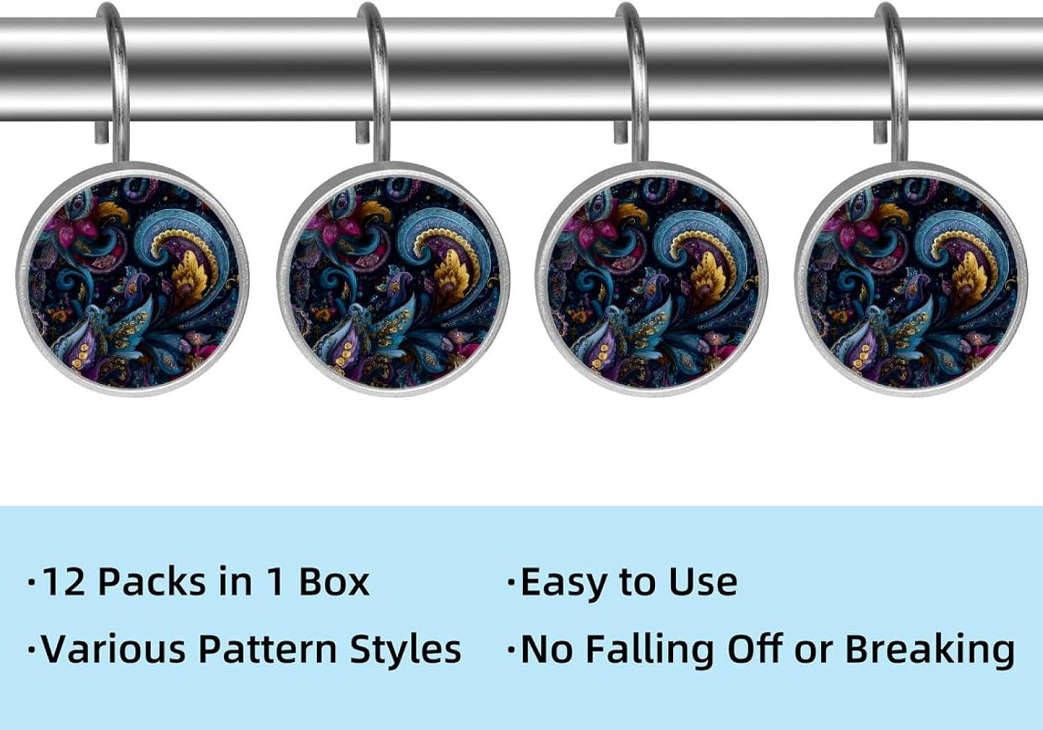 Set of 12 Shower Curtain Hooks, Shower Curtain Rings Crystal Glass Decorative Bathroom Hook, Swirls Floral Elements Ornamental (3)