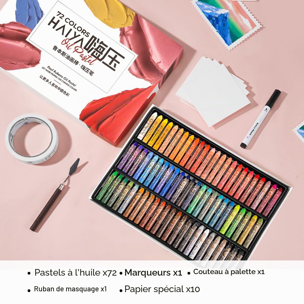 Paul Rubens HaiYa Kit de pastels à l'huile, 72 couleurs vives et crémeuses, 10 feuilles de papier pastels à l'huile, 1 colle de masquage, 1 grattoir et 1 marqueur acrylique noir