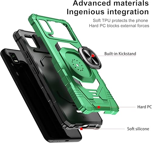 Miniatura 3 de Funda para TCL ION Z con protector de pantalla de vidrio templado, soporte de anillo integrado grado militar cubierta protectora (verde)
