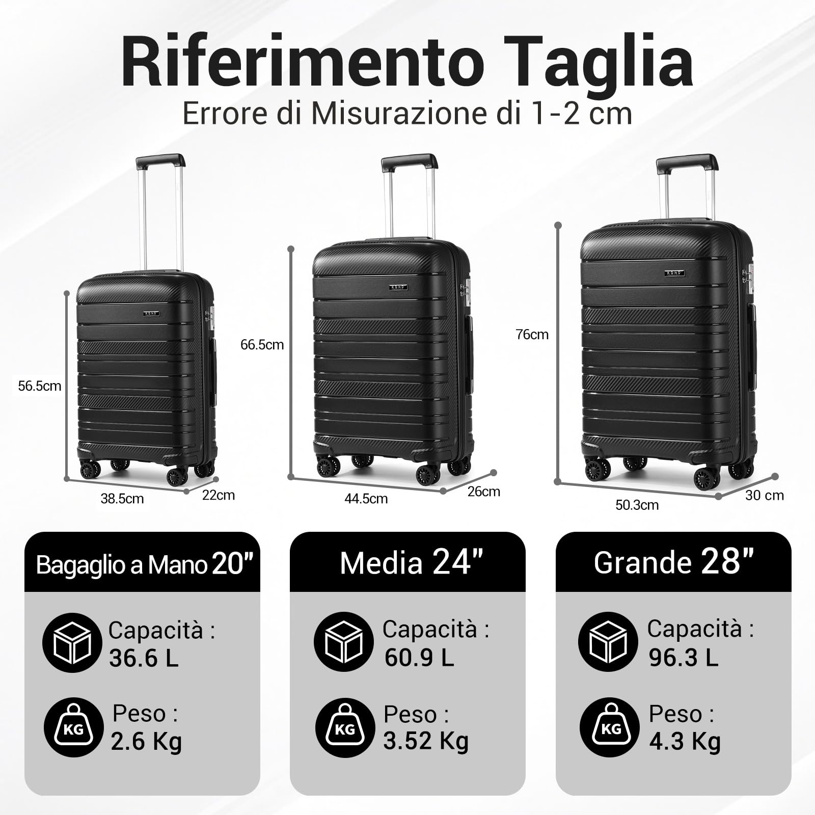 KONO Valigia Grande 76 cm in PP Rigido, Trolley Leggero con Serratura TSA, Ruote Doppie 360° e Manico Regolabile, Valigia da Viaggio (76 cm, Nero) | Guscio Rigido in PP, Ruote Doppie a 360°, Serratura TSA, Manico Regolabile, Interni Organizzati