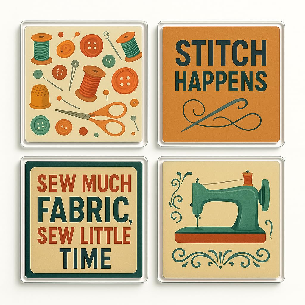 The Plum Penguin Sew Whimsy Set Acrylic Coaster Gift Set Of 4 With Whimsical Sewing Designs - Craft Lover's Delight For Home Decor & Gift Giving