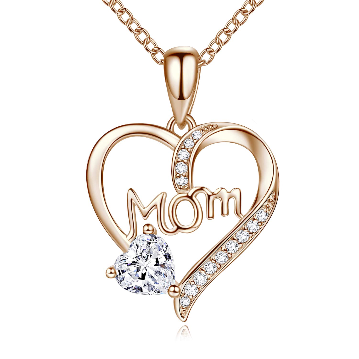 LOUISE VELLA Sterling Silver Mom Necklace - Heart & 'Mom' Pendant With Birthstone CZ, 18" Chain, Gift For Mother's Day