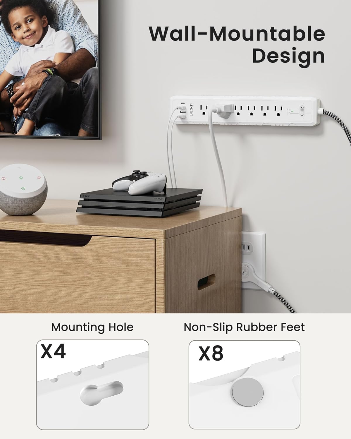 2 Prong to 3 Prong Outlet Adapter, LENCENT 2 Prong Power Strip, 1050J 2 Prong Flat Plug Surge Protector, 10ft Extension Cord, 6 AC Outlets & 4 USB(1 Type-C), Ideal for Non-Grounded Outlets