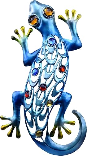 SVEIKS Decoración de pared de lagarto, decoración de metal de gecko, arte colgante para exteriores, patio, jardín o baño interior, 14 pulgadas (azul)