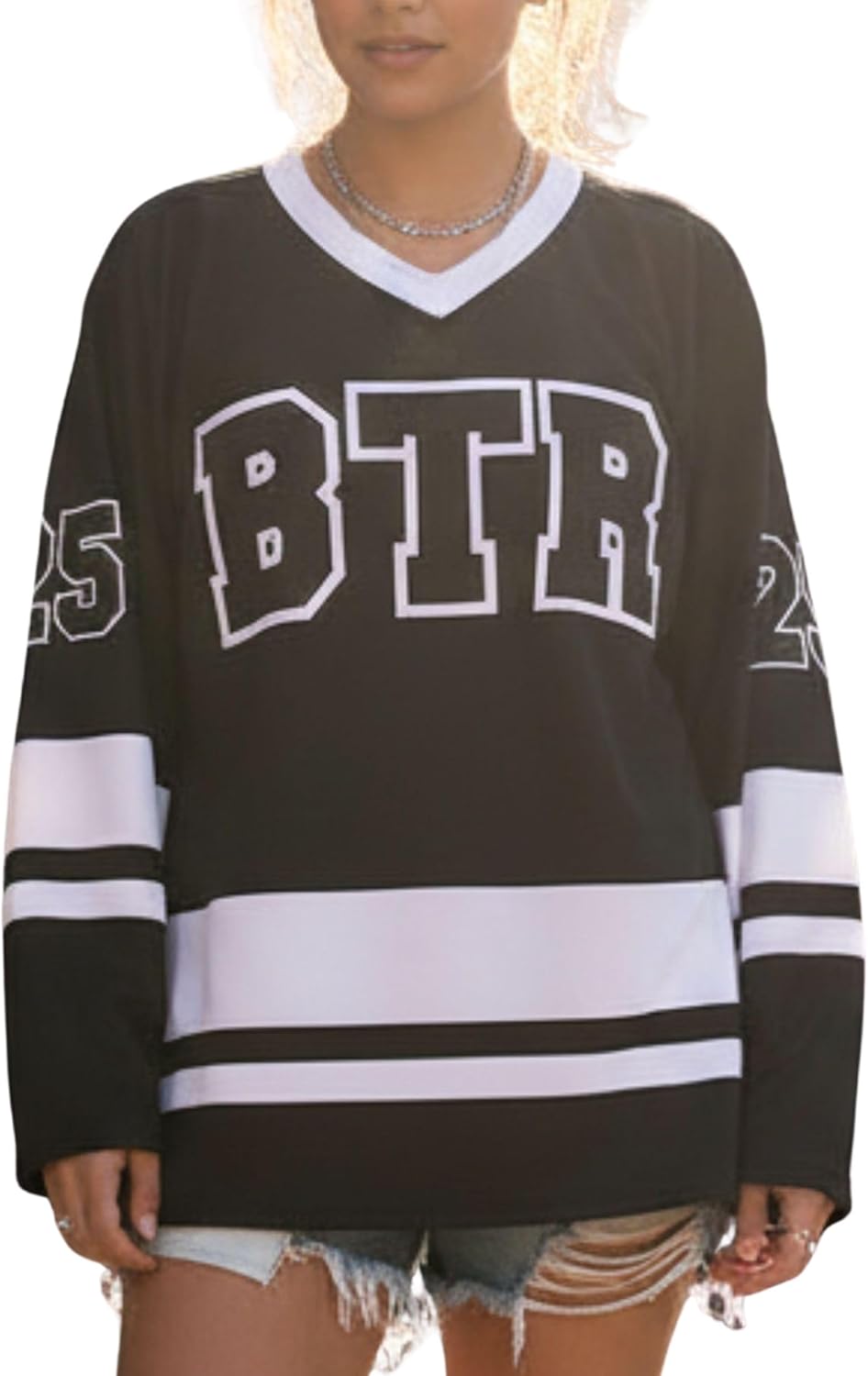 Custom BTR Hockey Jersey, Black and White Striped V-Neck, Big Time Personalized Name and Number