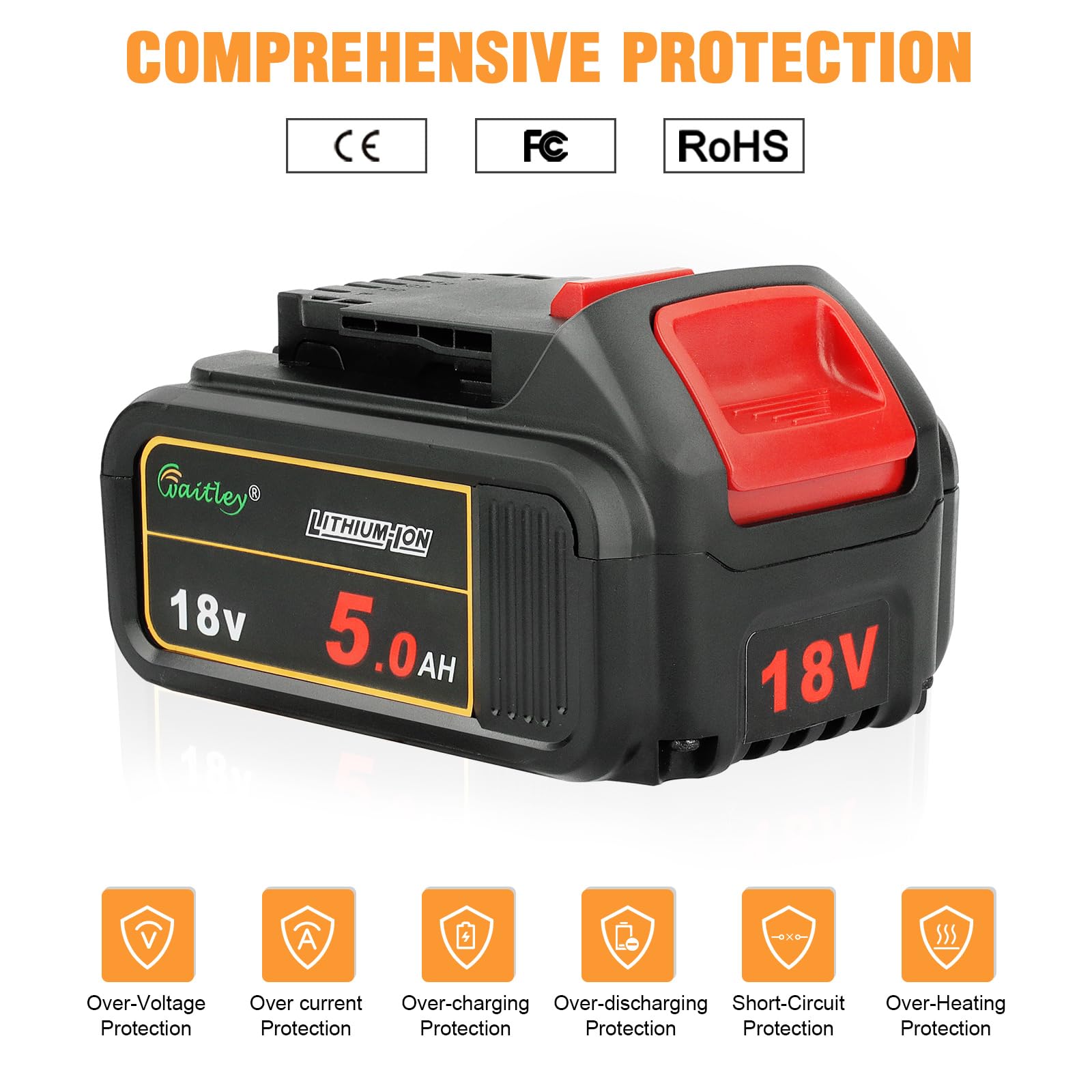 2 stuks Waitley 18V 5.0Ah reserveaccu voor Dewalt accu 18V DCB184 DCB200 DCB182 DCB180 DCB181 DCB182 DCB201 18V XR elektrisch gereedschap batterij