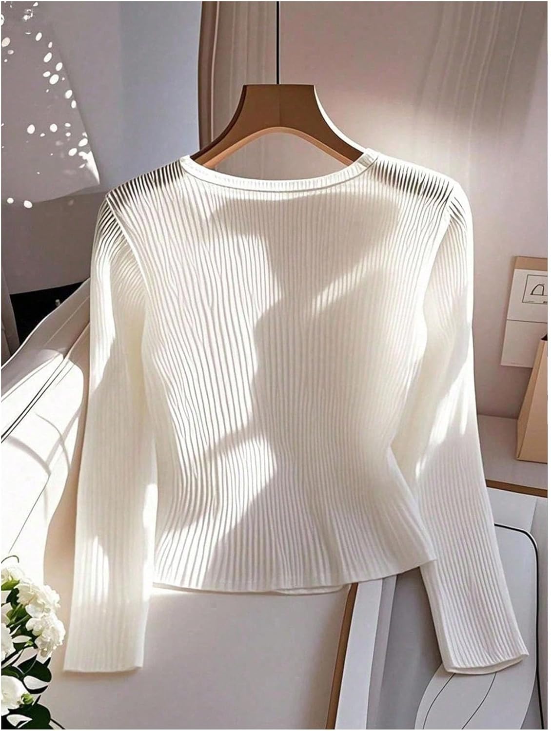 GORGLITTER Women's Sweetheart Neckline Long Sleeve Dressy Tops Metal Button Decor Elegant Ribbed T Shirts