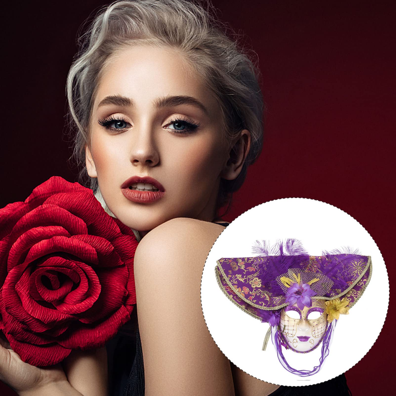 Masque Vénitien Visage Complet pour Femmes, Grand Chapeau Décoratif