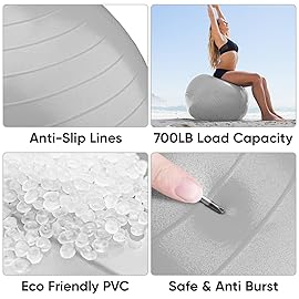 APEXUP Yoga Ball Exercise Ball, Anti Slip Stability Ball Chair, Heavy Duty Large Gym Ball for Fitness, Balance, Core Workout and Physical Therapy (XL (27~30) 75cm, Silver)