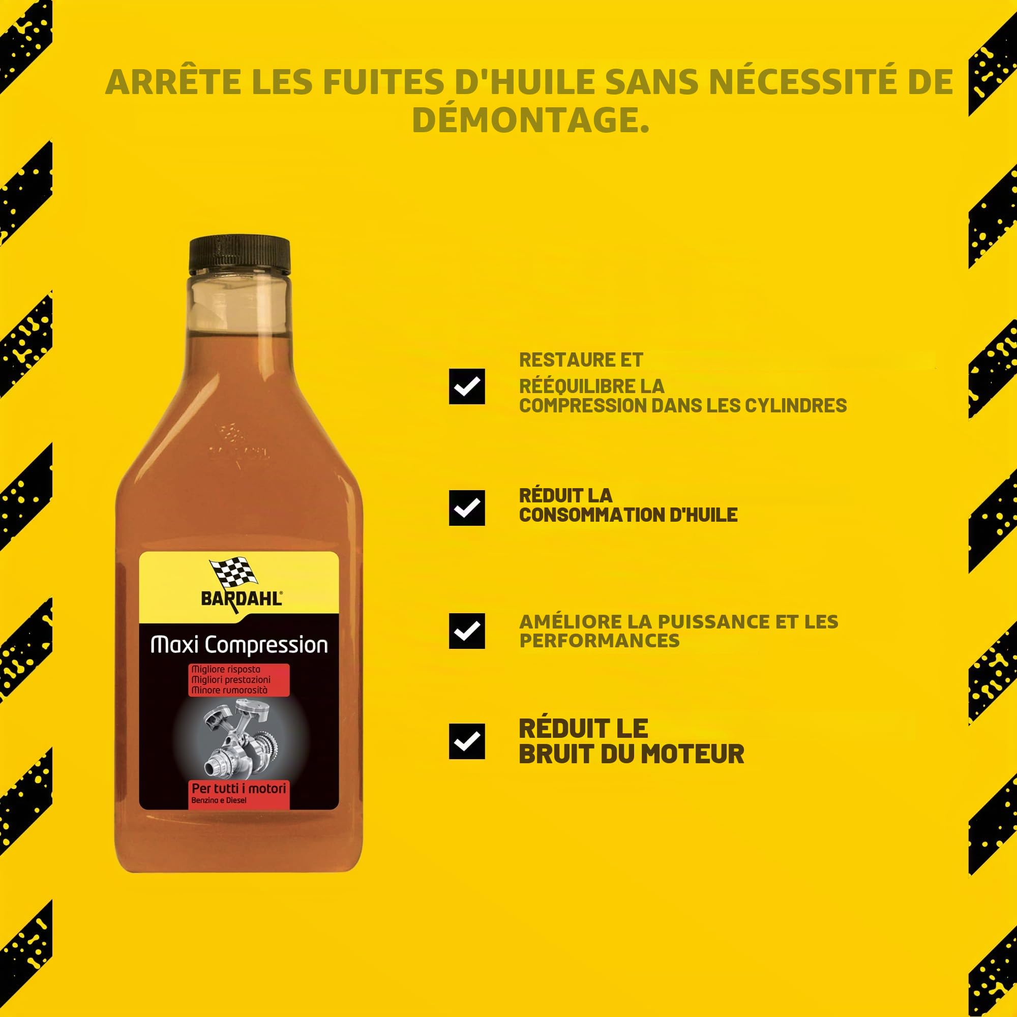 Bardahl - Maxi Compression, Additif Auto pour Huile de Moteur, Réduit la Consommation et Arrête les Fuites d'Huile, Améliore la Puissance et les Performances, Compatible avec les Moteurs Diesel et