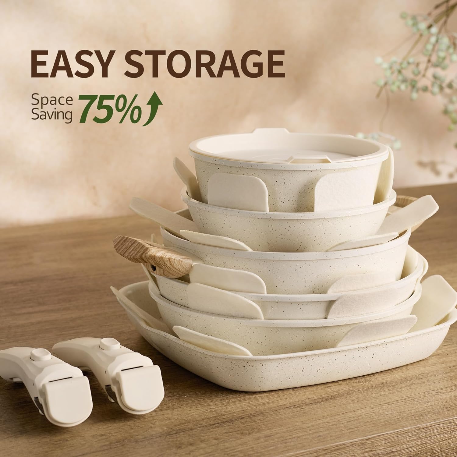 23PCS Ceramic Pots and Pans Set,Nonstick, Removable Handle Pots and Pans Set, Stackable Pan Set, Ceramic Nonstick Pan Non Stick for Easy Cooking