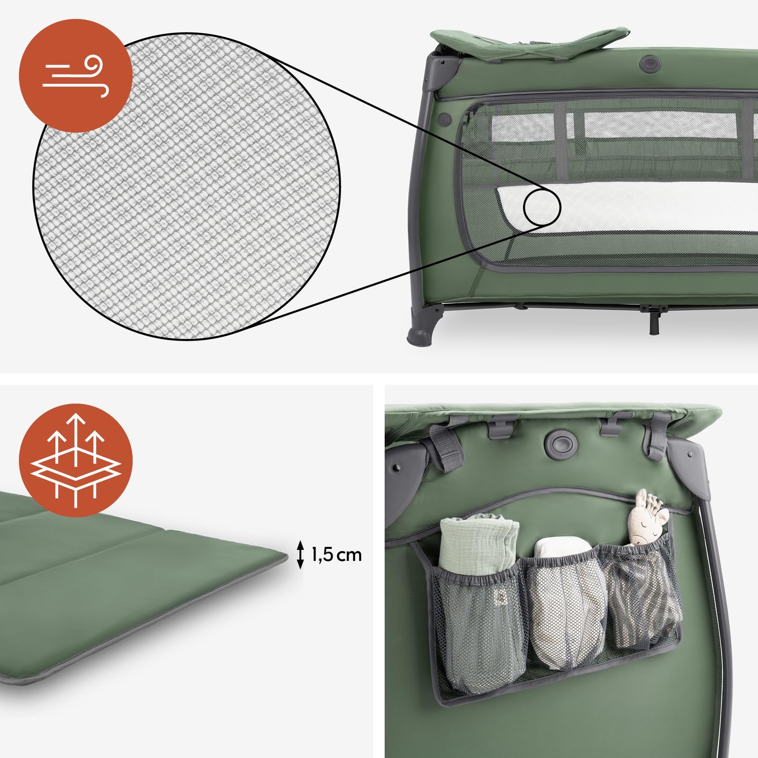 hauck Lit Parapluie avec Table à Langer Play N Relax Center, Dark Green | Inclus niveau pour nouveau-né, ouverture XL, roues et sac de transport, de la naissance à 15 kg / 3 ans (sans matelas)