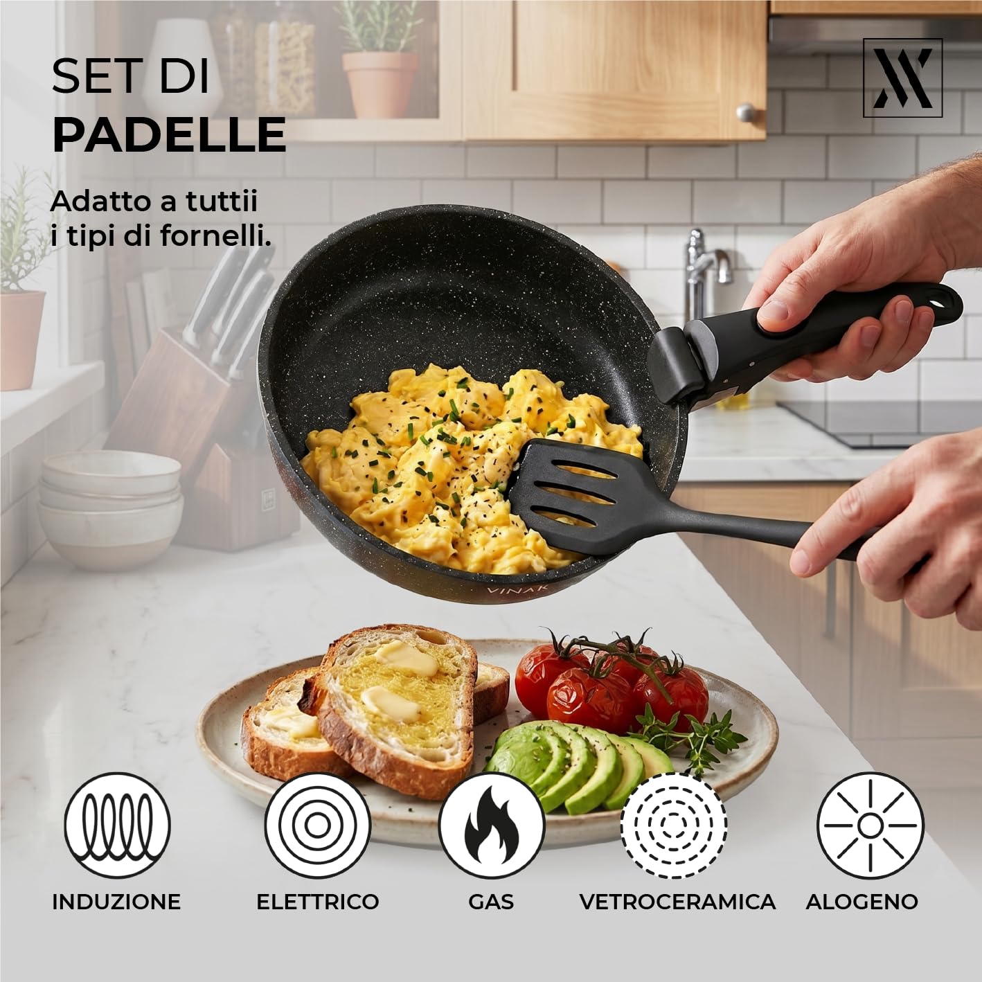 VINAK - Set Padelle 11 Pezzi Manico Rimovibile | Antiaderente Senza PFOA BPA | Induzione Forno | Salvaspazio Impilabile | Cucina Completa