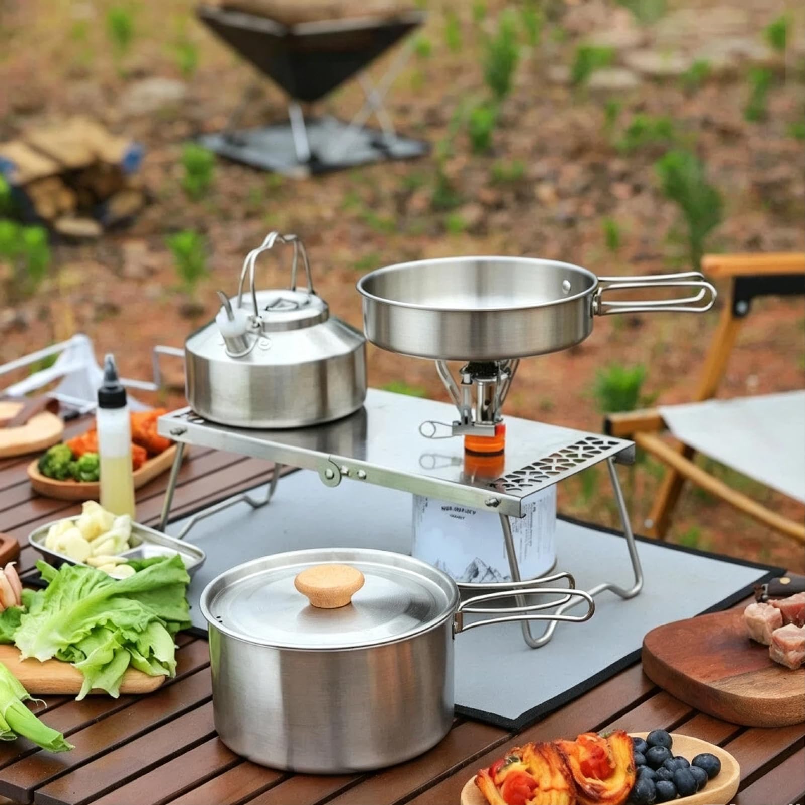 Kit de Casseroles Camping, Poêlé, Bouilloire, Casserole en Acier Inoxydable | cuisine, casseroles de casserole de randonnée pliable, mess de poêle portable léger compact, randonnée, Pique-niques, pêche