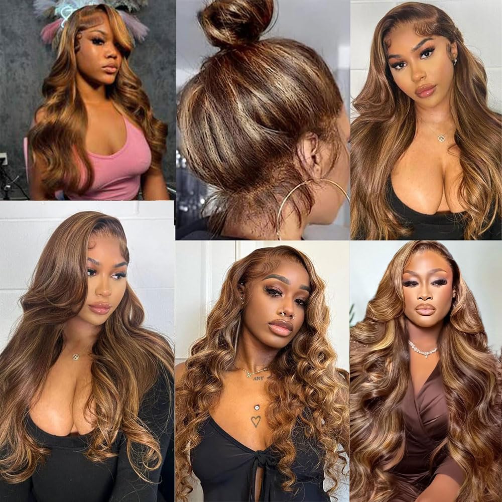 miear Drawstring Honey Blonde 360 Lace Front Wigs Human Hair 4/27 Highlight Ombre Body Wave Lace Front Wigs Human Hair Pre Plucked Glueless Wigs Hidden Strap Full Lace Frontal Wig for Women 26 Inch