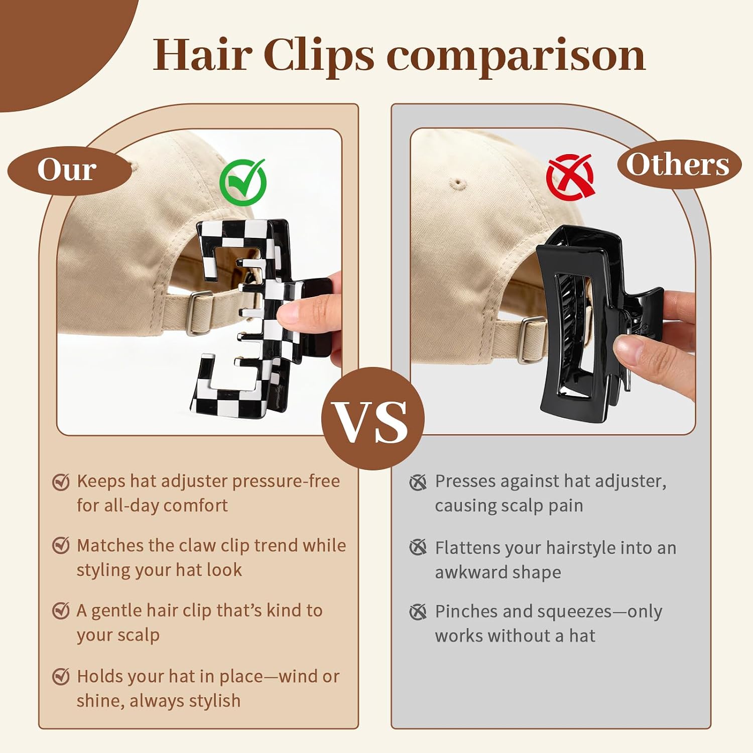 4 PCS Hat Claw Clips for Women, 4.1 Inch Large Hat Hair Clips for Medium/Thick Thin Hair, Non-Slip Strong Hold Hat-Friendly Hair Claw Clips for Baseball Cap Trucker Hat, Checkered (Patent Pending)