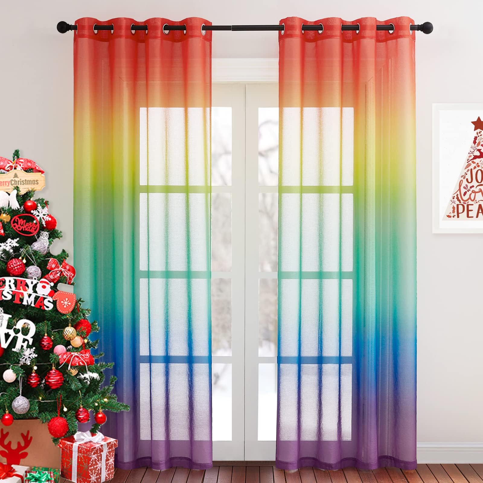 NICETOWN Rainbow Sheer Curtains for Bedroom Girls Room Decor 2 Tone Ombre Pattern Window Semi Short Sheer Curtains for Girly Nursery Kids Daughter Room (55 x 84 Inch Length, Set of 2)