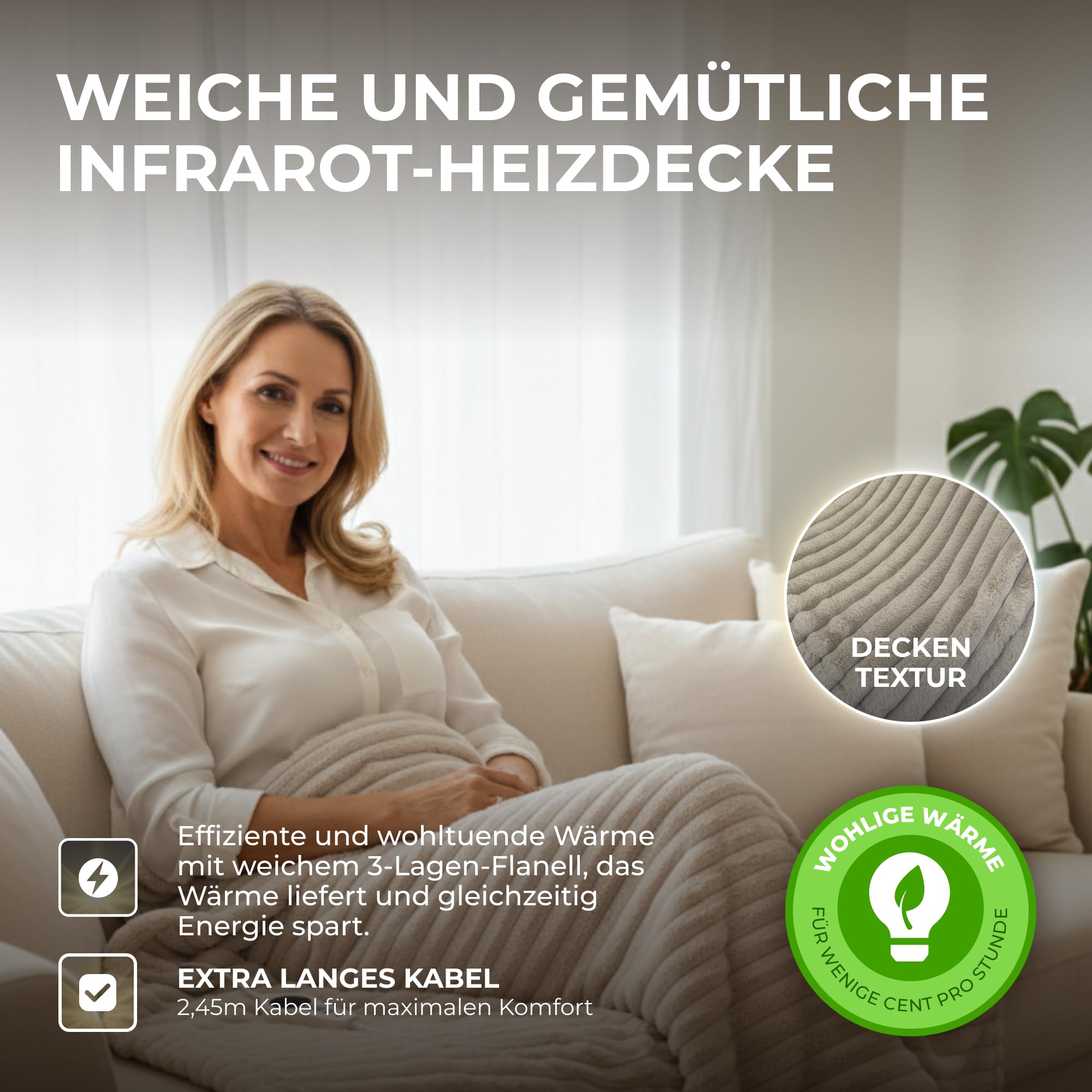 BR Bringer Infrarot Heizdecke - elektrische Kuscheldecke mit Abschaltautomatik & Überhitzungsschutz - 6 Heizstufen, Timer bis 10h, Kabel 2,45m, maschinenwaschbar, OEKO-TEX (200x180cm, Nordic Taupe)