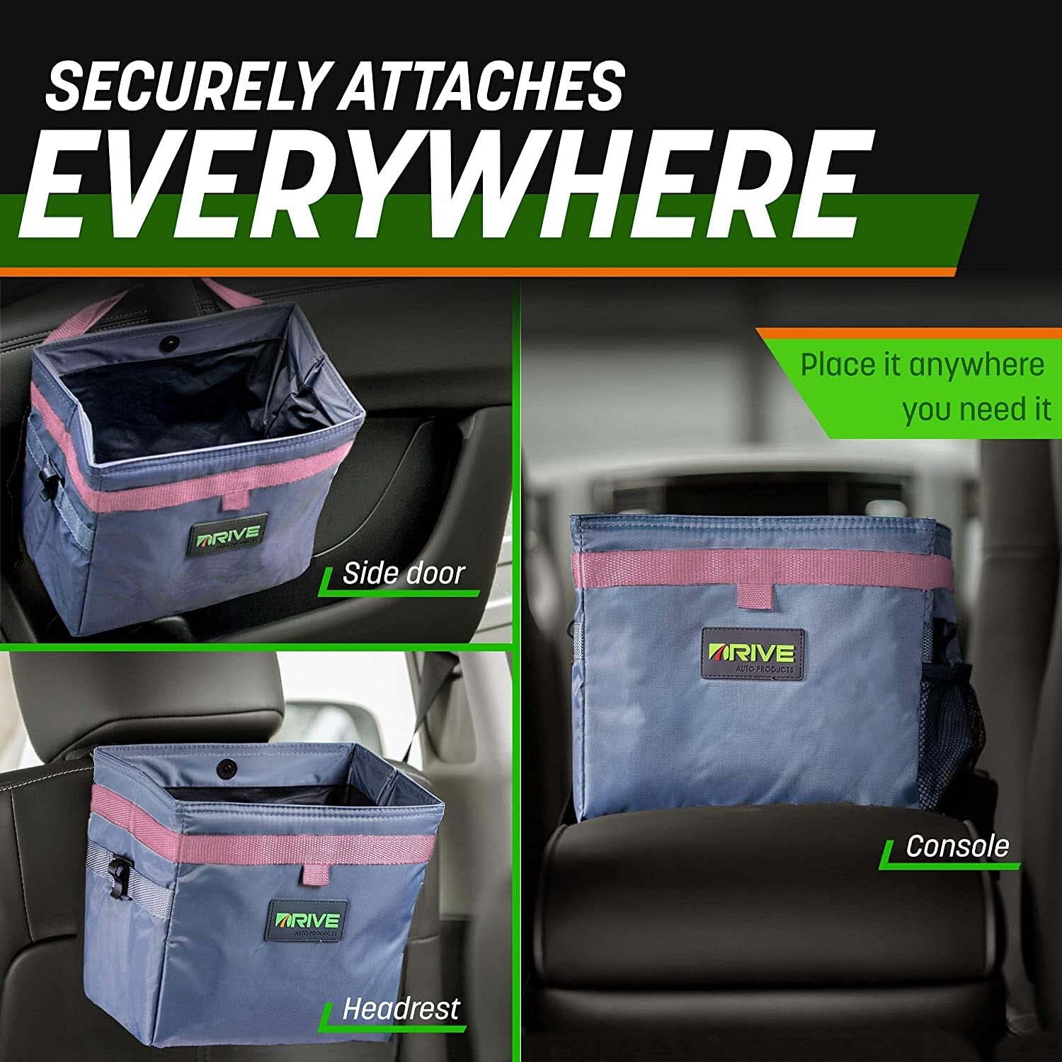 Drive Auto Car Trash Can - Leakproof, Hanging Garbage Bin with 20 Trash Bags and Pink Adjustable Strap - Truck & Car Accessories for Men and Women - Grey with No Lid : Automotive