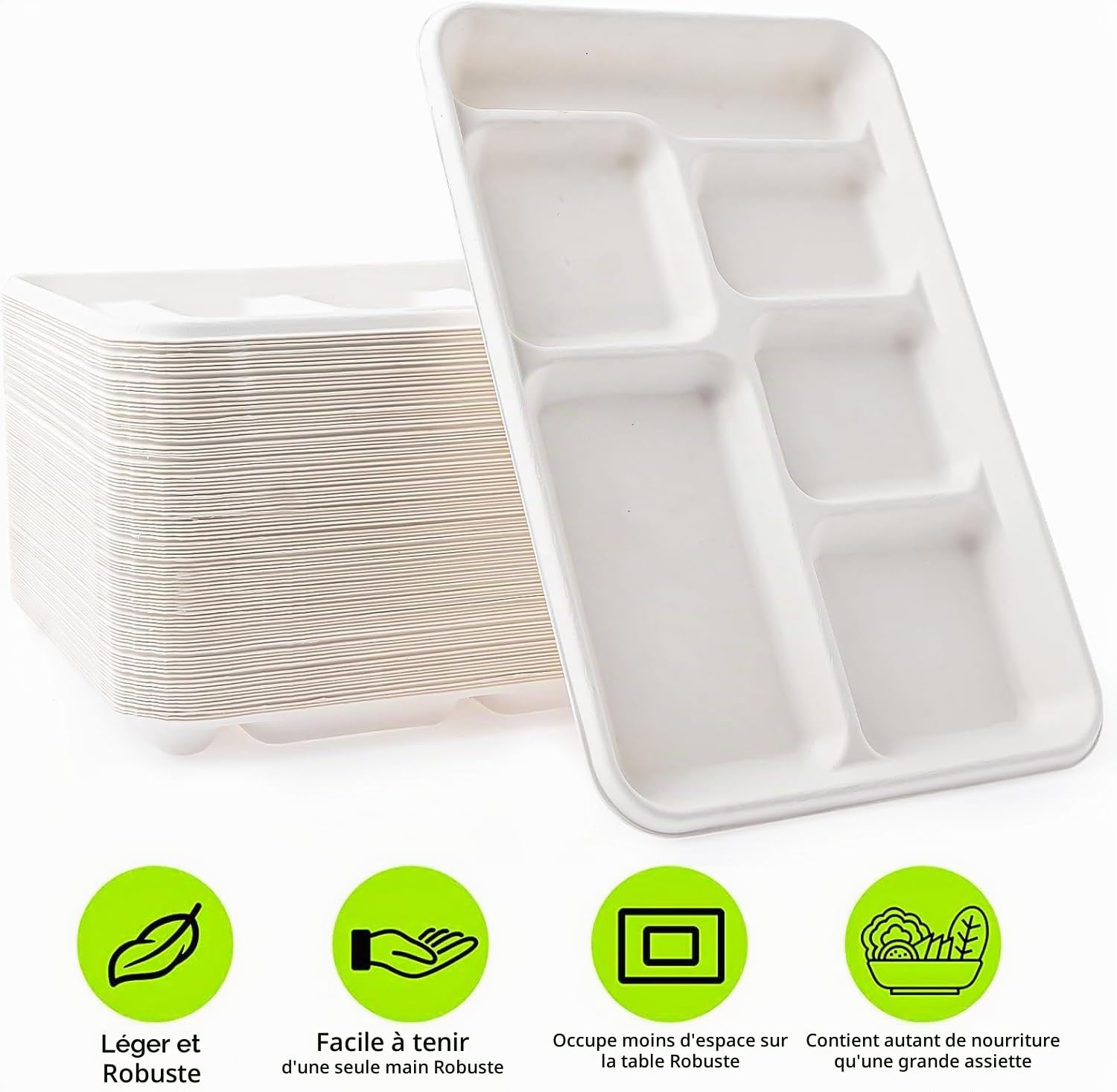 MALLOOM 100 Assiettes Jetables à 6 Compartiments, 30 cm Assiettes Compostables en Fibre de Canne à Sucre, Plateau Repas Résistant pour Cantine Scolaire, Fête, Buffet, Dîner (Passe au Micro-ondes)
