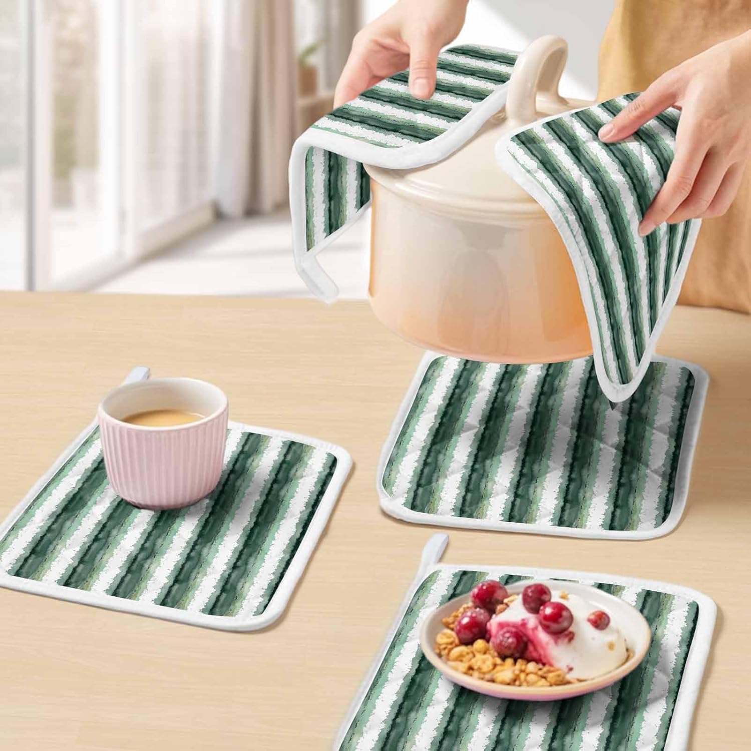 Green Striped Pot Holders for Kitchen Heat Insulation, Watercolor Farmhouse Stripes Abstract Potholders Hot Pads with Hanging Loop, Washable Oven Mitts Pot Holder Trivet for Cooking Baking 5 Pack