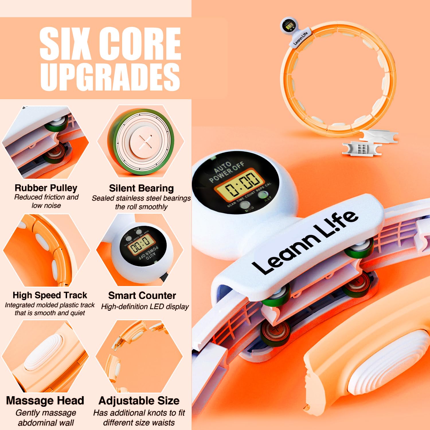 U5-16 nodi con contatore, U5 Silent Smart ponderato Hula Hoop per adulti perdita di peso Infinity Hoop Plus Size, esercizio fitness a casa all'aperto, tonificante addominale, (arancione -