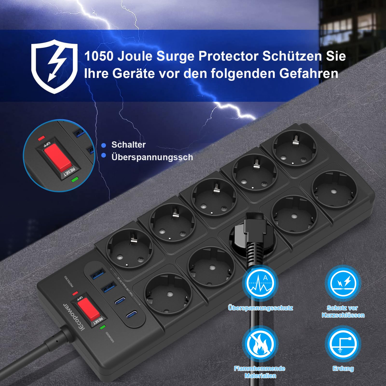 IECOPOWER mehrfachsteckdose 5m,10-Fach Steckdosenleistemit USB(PD 20W 2 USB-C Ports und 2 USB-A Ports),Steckdosenleiste überspannungsschutz,passend für iPhone/iPad,und weitereUSB Geräte,Schwarz.