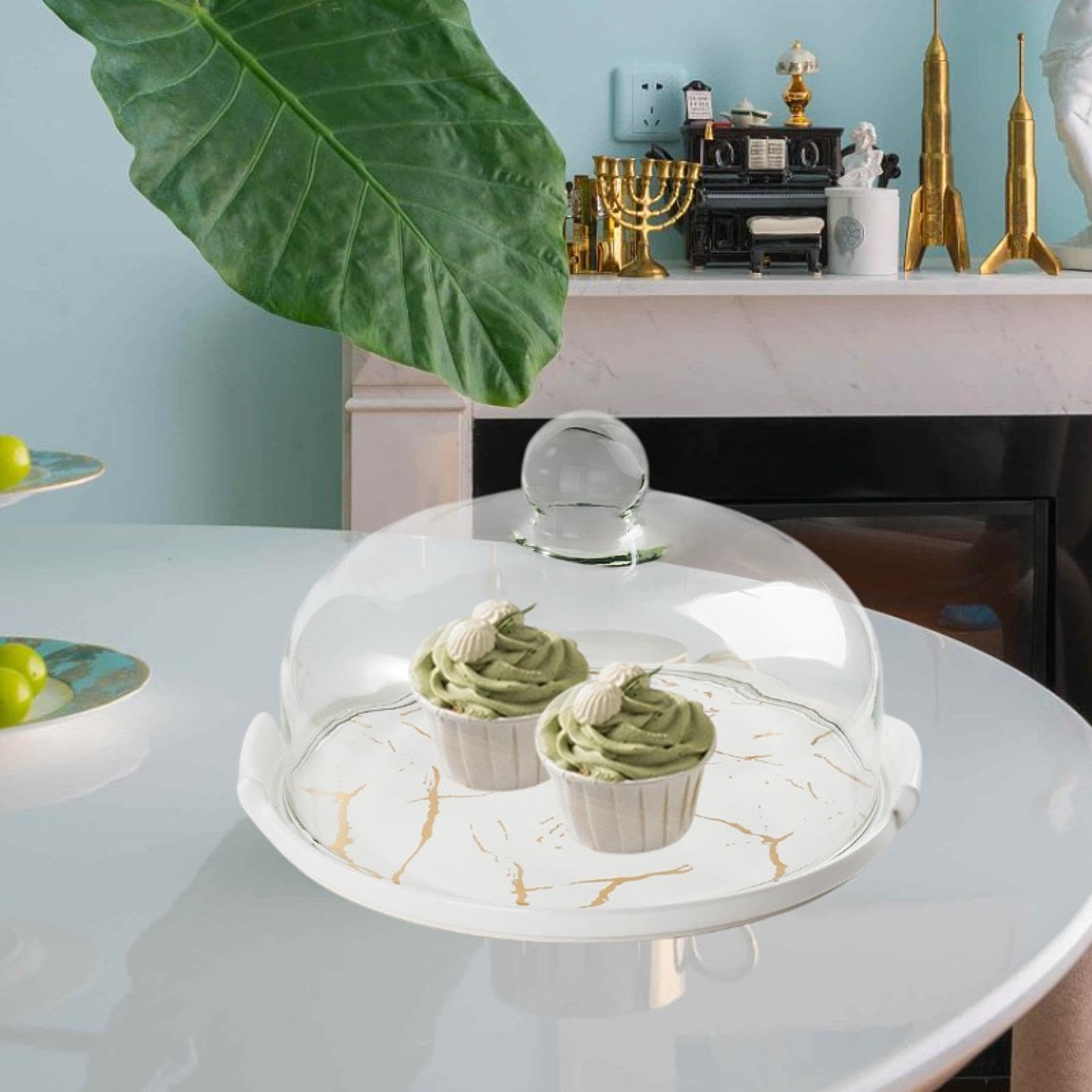 Alzata per Torta in Ceramica, Vassoio Rotondo per Torta con Coperchio, Elegante Piatto Da Esposizione per Dessert, Bianco