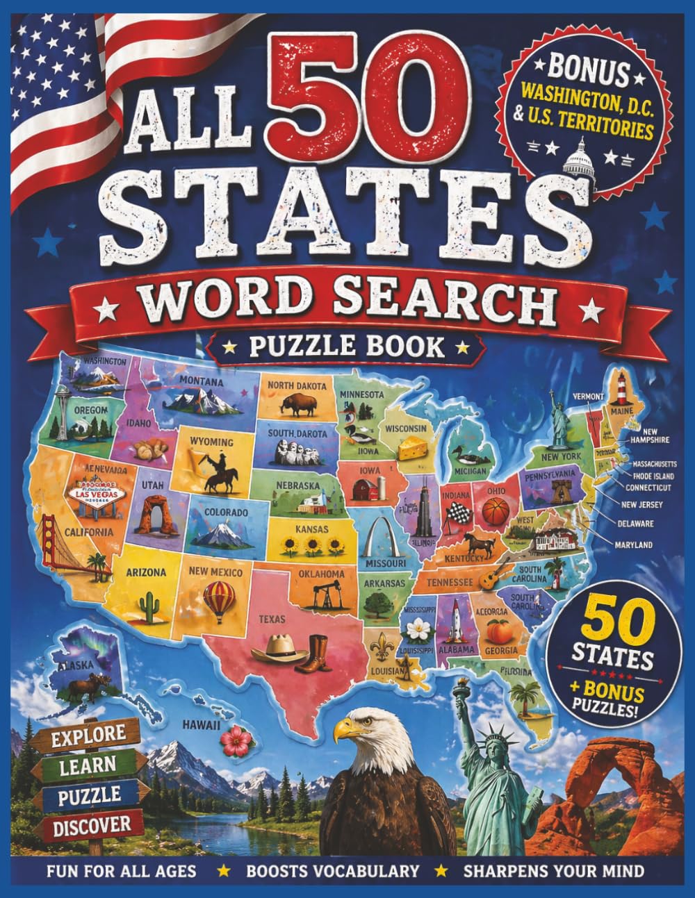 50 States Word Search: Word Searches With Easy to Read Print about the 50 States | 8.5x11 inches, 112 pages | 50+ Puzzles...Gift for Vacations, Holidays and Free Times