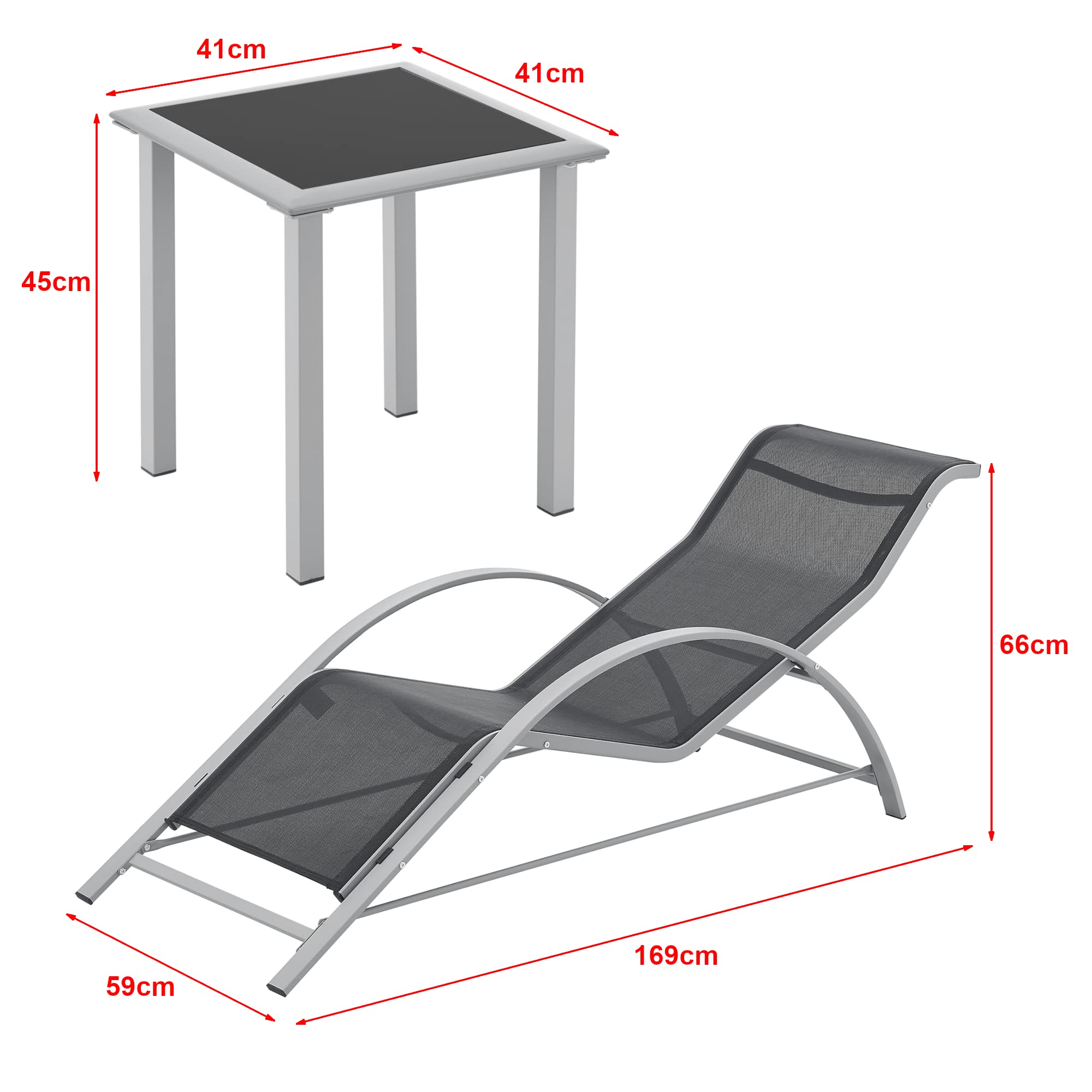 [en.casa] Juego de Muebles de Jardín Binetto Set de 2 Tumbonas con 1 Mesa Exterior Balcón Terraza Piscina Jardín Acero Vidrio - Gris Negro