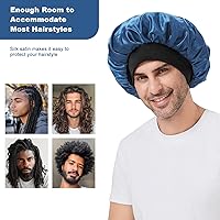 Vista 4 de Gorro para hombre, gorro de doble capa para dormir, gorro negro ajustable con banda elástica, gorros de satén de seda para trenzas de cabello rizado