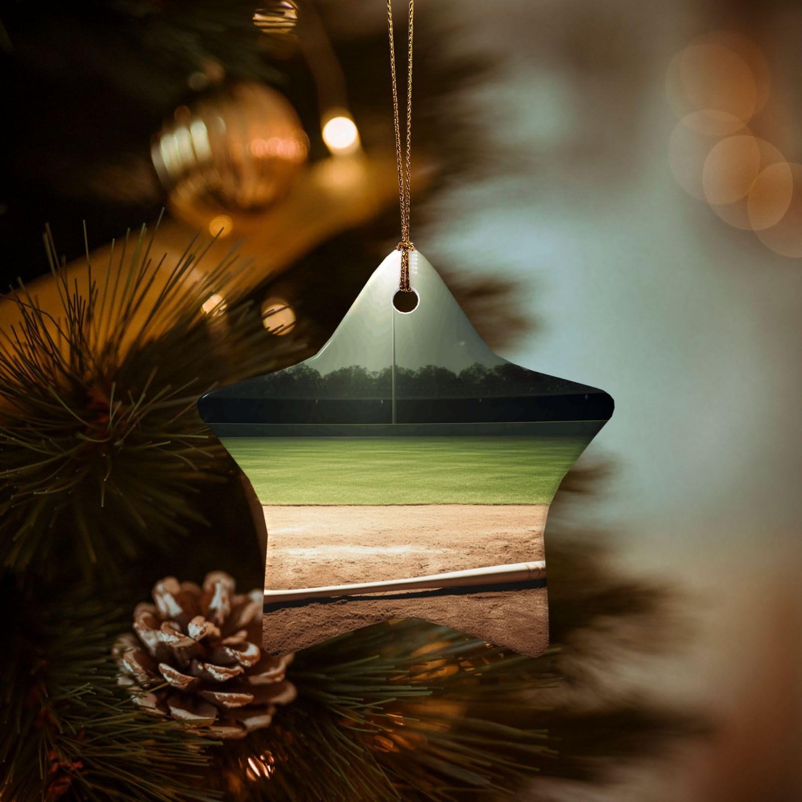 Christmas Ornaments for Christmas Tree Decoration Hanging Baseball Sports Field Ornament with Gold Ribbon Crafts Star Shape Ceramic Pendant for Keepsake Gifts Xmas Decor Party Supplies