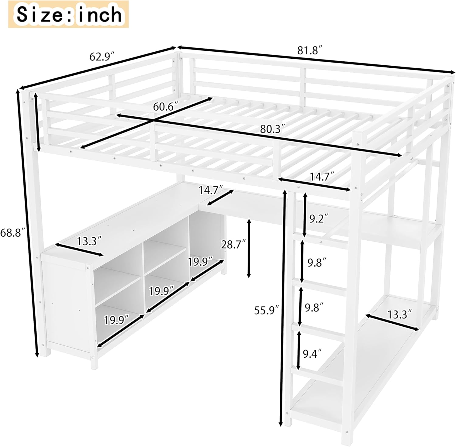 Bellemave Queen Size Loft Bed with Desk & Clothes Rack, All-in-One Heavy Duty Metal Loft Bed Frame with Storage Cube & Shelf, Space Saving Loft Bed Queen Size for Adult, Teen, Kids, Apartment, White