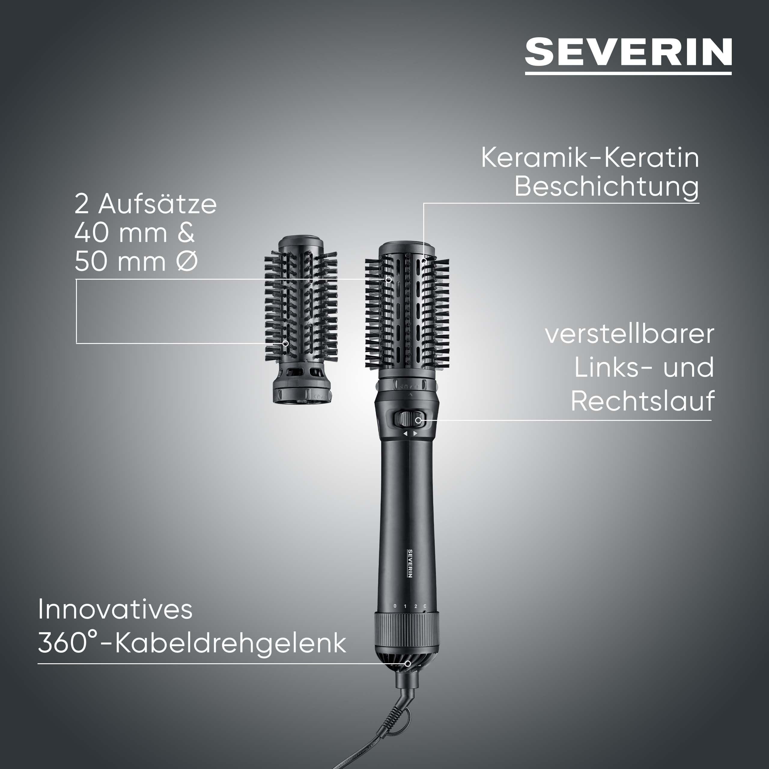 Severin Warmluftbürste rotierend, Föhnbürste mit 2 Aufsätzen (40mm und 50mm), 2 Temperatureinstellungen, Kaltstufe, Styling-Bürste, Keramik-Keratin-Beschichtung, 1000W, schwarz, WL 0241
