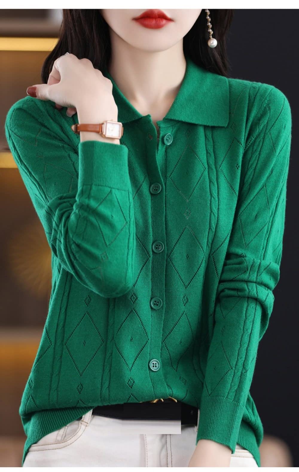 Cárdigan de Mujer Cárdigan de Punto para Mujer Abrigo Verde Oscuro Rombo Jacquard Suéteres Cárdigan de Manga Larga Cárdigan Abierto con Botones Chaqueta de Punto Suave Y Ajustada para Uso Diario