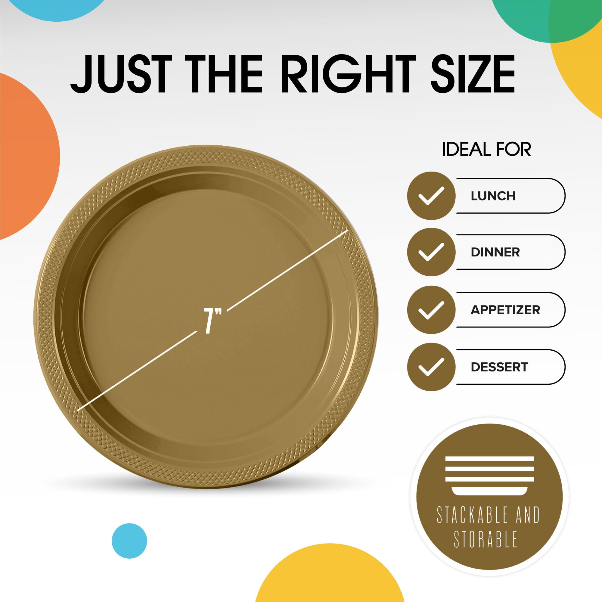 Exquisite Exquisite Gold Plastic Plates for Party 7" Gold Disposable Plates for Party Supplies 50 Pcs Disposable Dinner Plate Heavy Duty 350 GSM Plate Sets, Plastic Dinnerware Sets in use