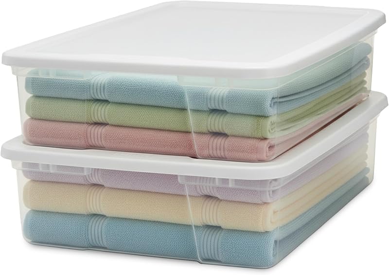 HOMZ Clear Plastic Storage Bins w/Snaplock Lids, 28 Qt, White, 2 Pack | Stackable Container Boxes for Bedroom, Bathroom, Garage, and Office Organization